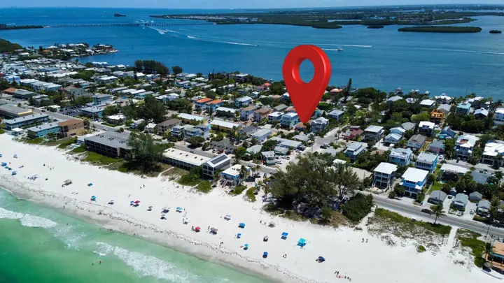 Aerial of the Bradenton Beach shoreline near the Happy Turtle duplex, 60 steps from the beach