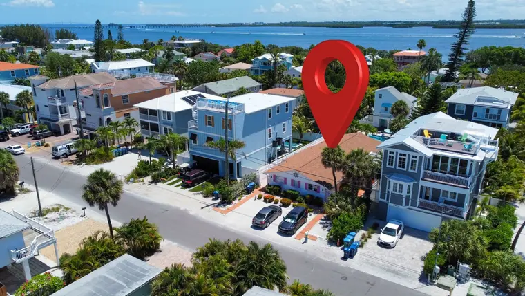 Aerial over Avenue C with the Happy Turtle duplex marked, Bradenton Beach