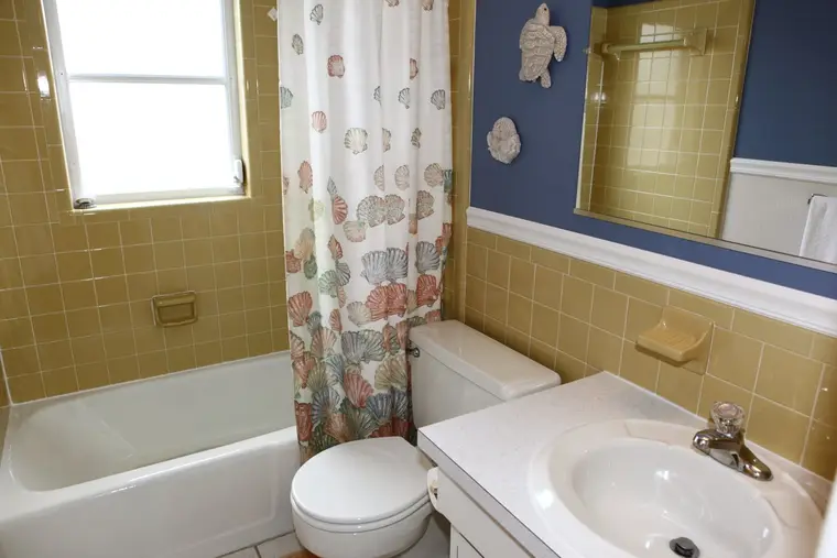 Full bathroom with tub, shower, and sea turtle wall details, Happy Turtle B