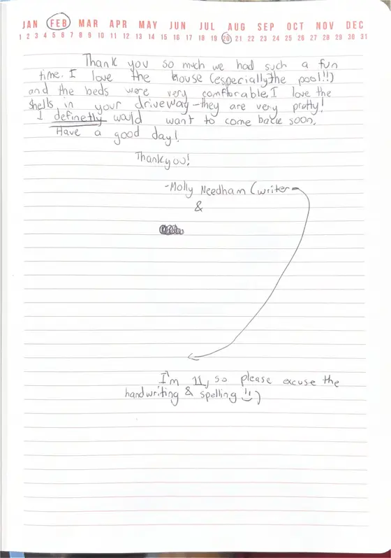 Handwritten guest book page from Molly N., age 11