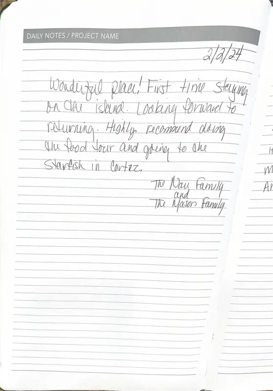 Handwritten guest book page from The Nau & Mason Families
