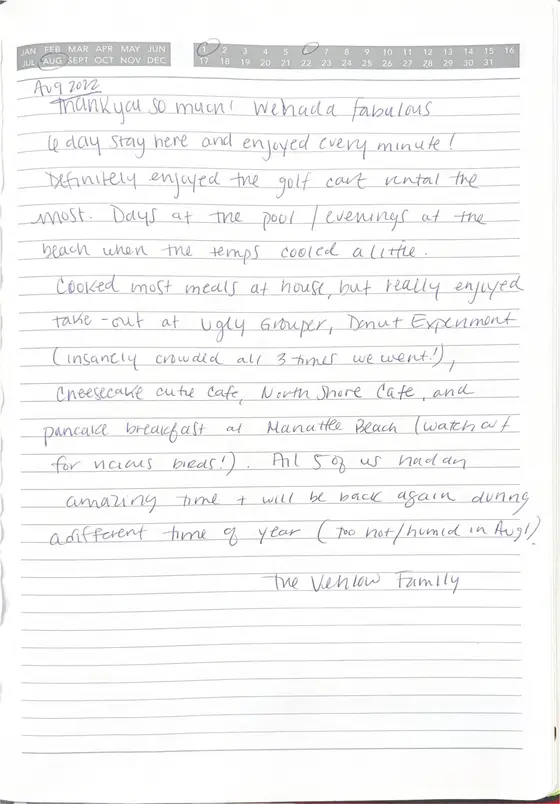 Handwritten guest book page from The Vehlow Family