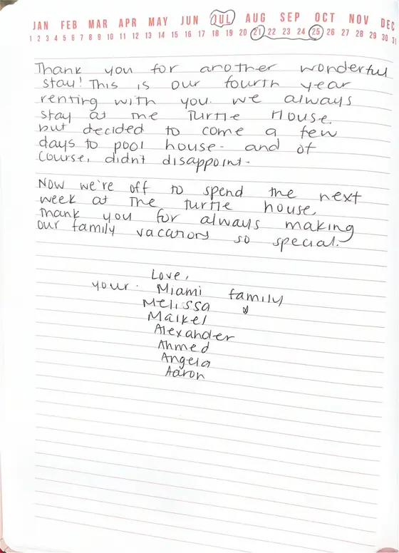 Handwritten guest book page from The Miami family