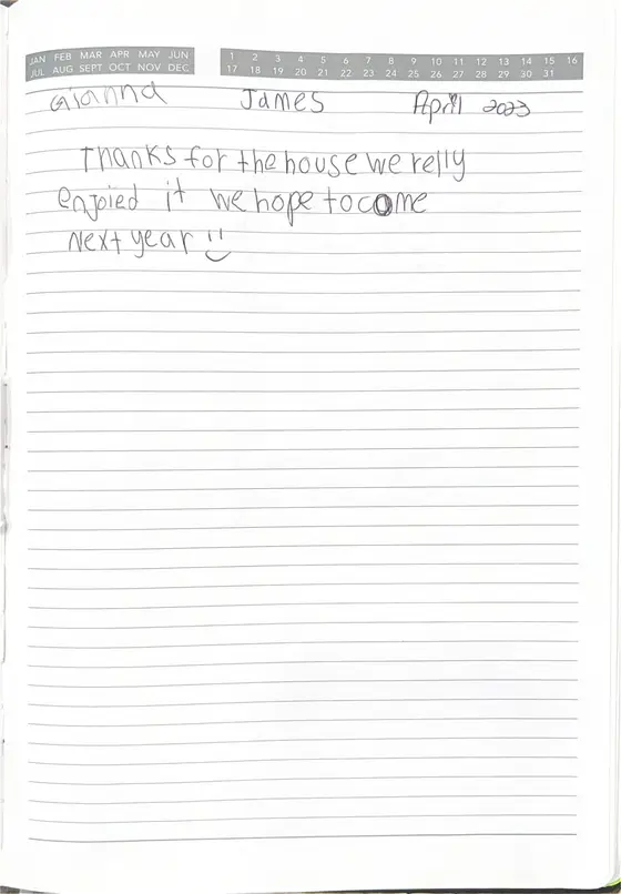 Handwritten guest book page from Gianna & James