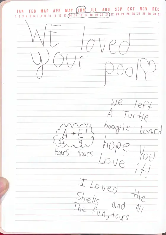 Handwritten guest book page from A. & E., ages 11 and 9