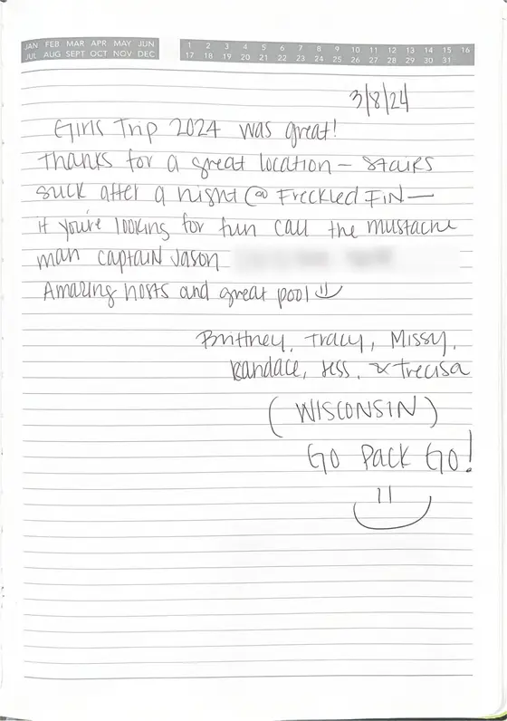 Handwritten guest book page from Brittney, Tracy, Missy, Kandace, Jess & T.