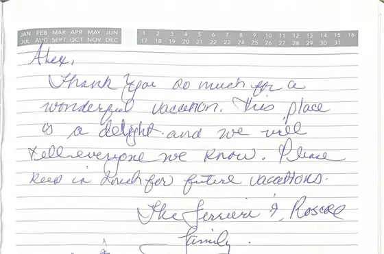 Handwritten guest book page from The Ferrera & Roscoe Families
